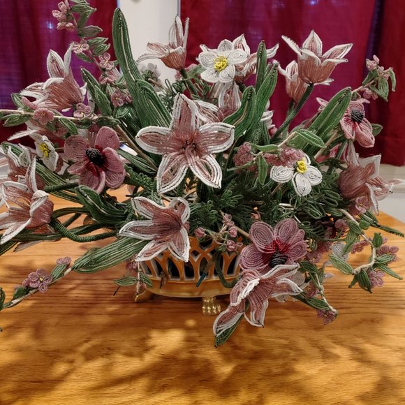 Vintage French Glass Beaded Flowers & Vase in Pink/White/Yellow. Bouquet 18"w. - Picture 2 of 11